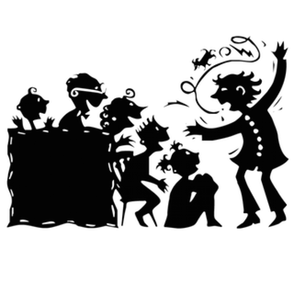 A cartoon silhouette of a man telling an engaging story to fascinated listeners of various ages.