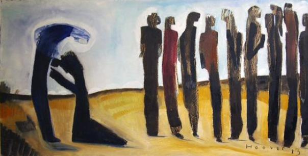 an abstract painting of 9 figures in a group, and off to the side, one figure kneeling at the feet of another in gratitude